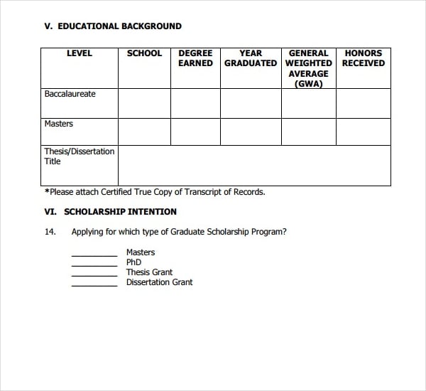 background template of a scholarship form