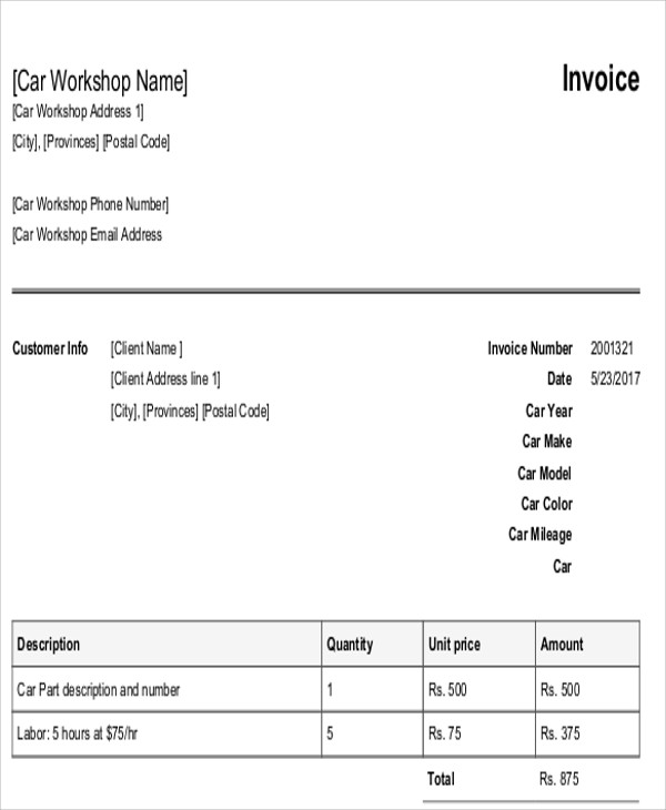 car workshop maintenance invoice