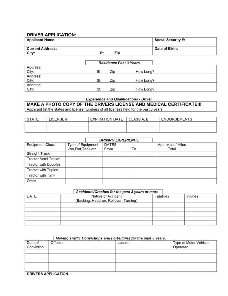 Printable Truck Driver Employment Application Template Printable 