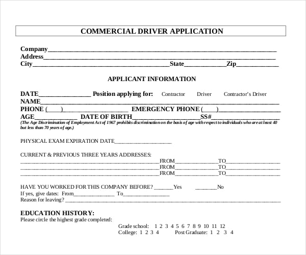 driver application for employment form