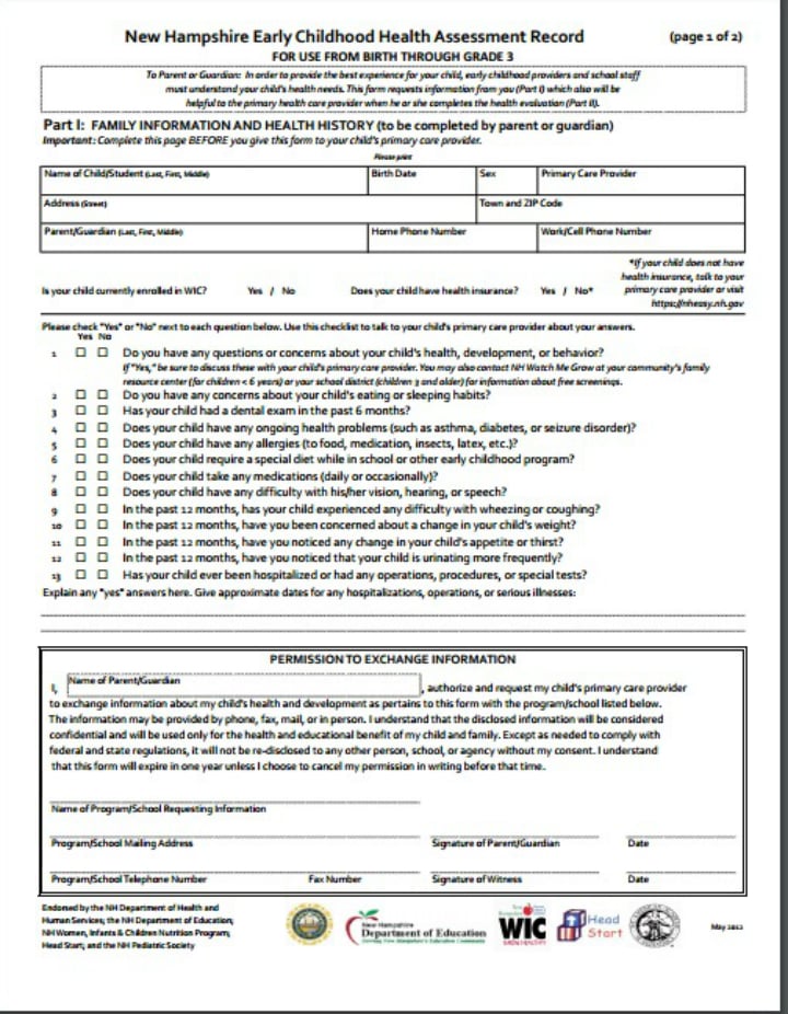early childhood health assessment record template