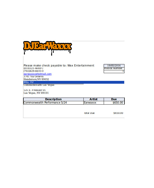 entertainment artist invoice