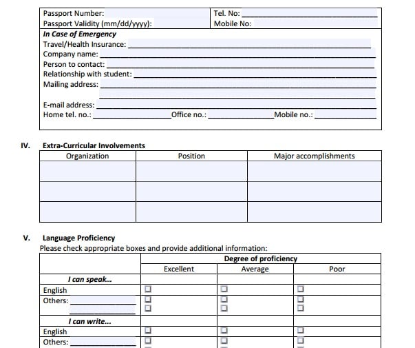 exchange student application form