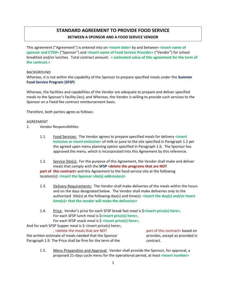 6  Food Service Contract Templates PDF Word