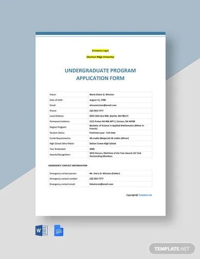 free sample university application form template
