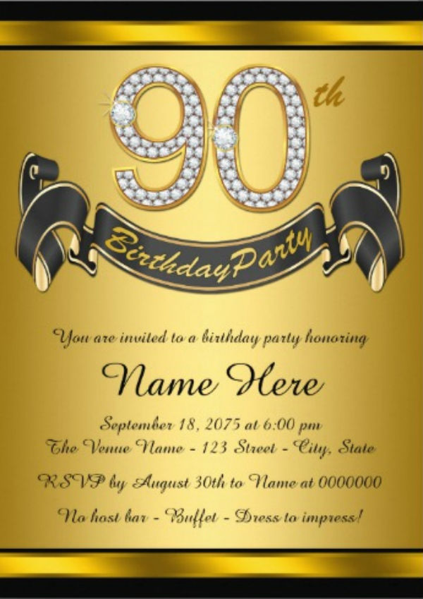 gold 90th birthday party card