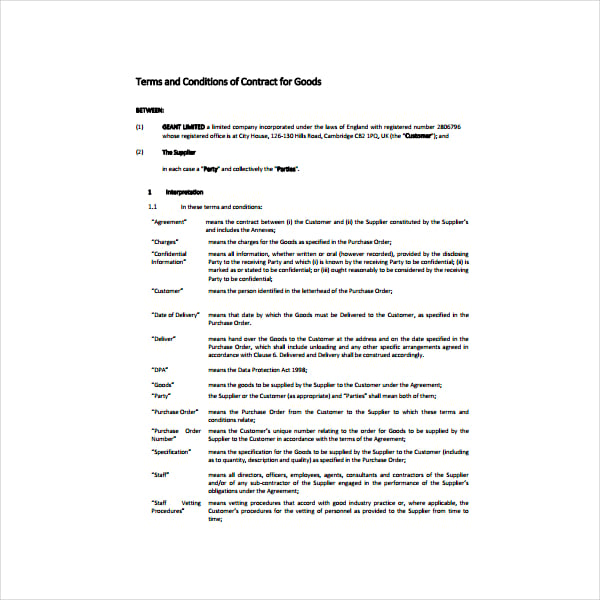 goods contract agreement template