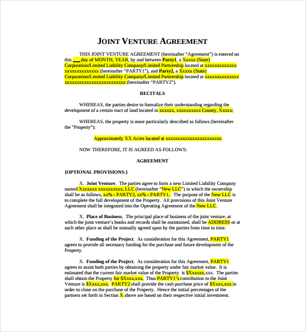 joint venture agreement template