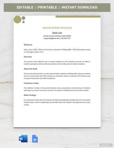 learning journal article summary template