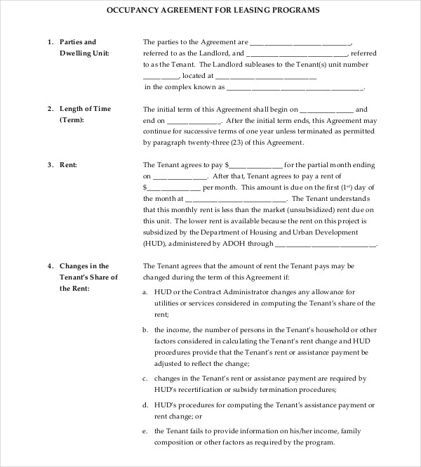 9+ Occupancy Agreement Templates PDF, DOC