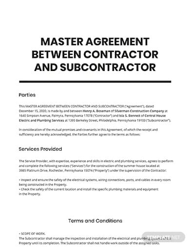 master agreement between contractor and subcontractor template