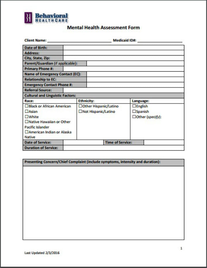 mental health assessment form template