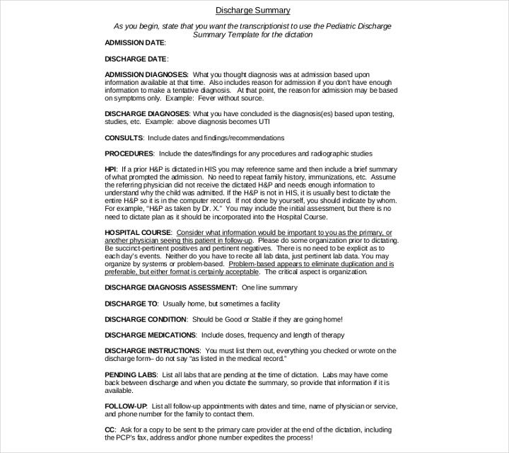 pediatric discharge summary template