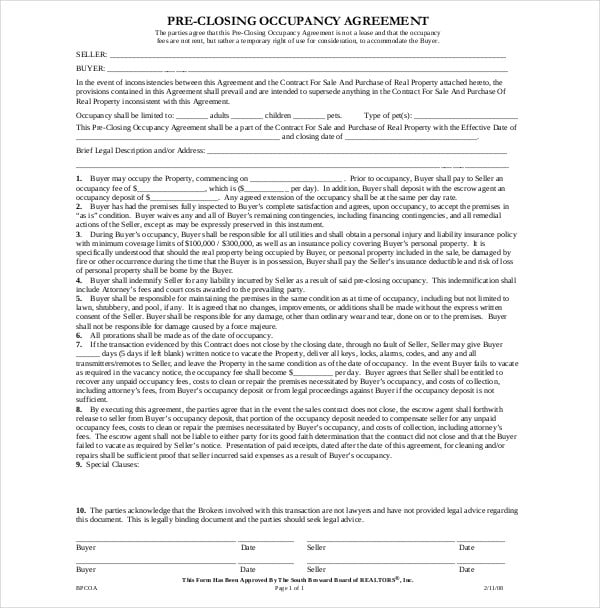 pre closing occupancy agreement