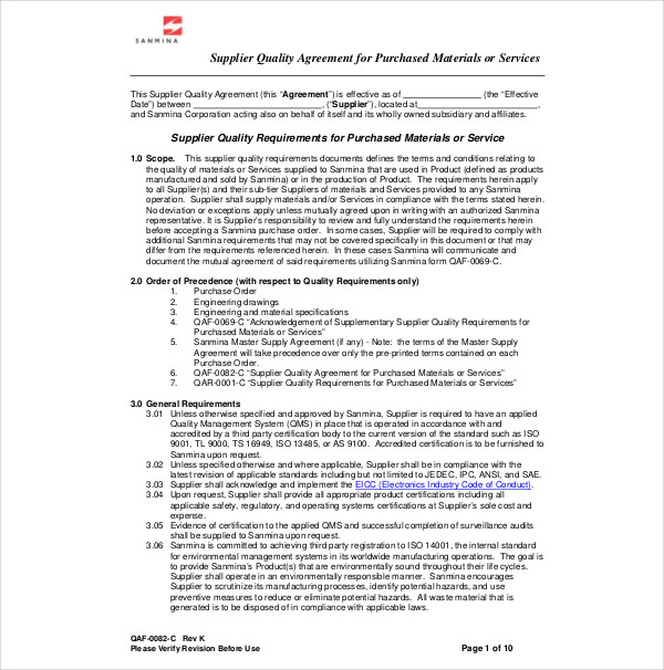 8+ Simple Quality Agreement Templates PDF, DOC