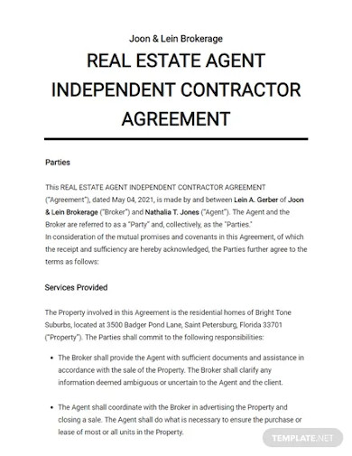real estate agent independent contractor agreement template