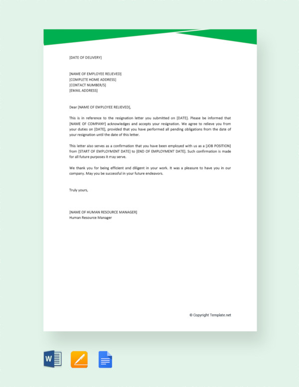 Job Relieving Letter Format