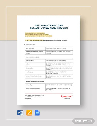 restaurant bank loan and application form checklist templates