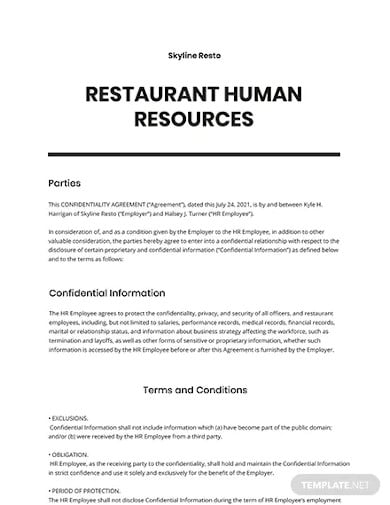 restaurant-human-resources-confidentiality-agreement-template
