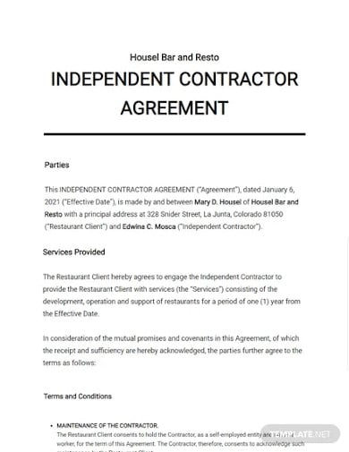 restaurant independent contractor agreement template