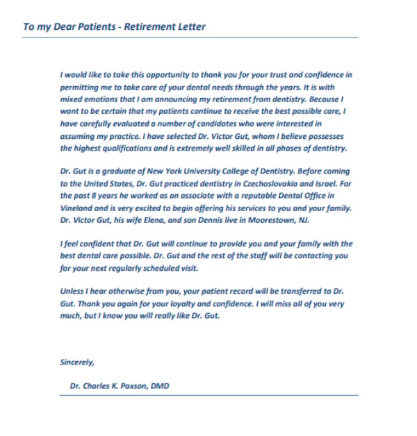 retirement announcment letter example