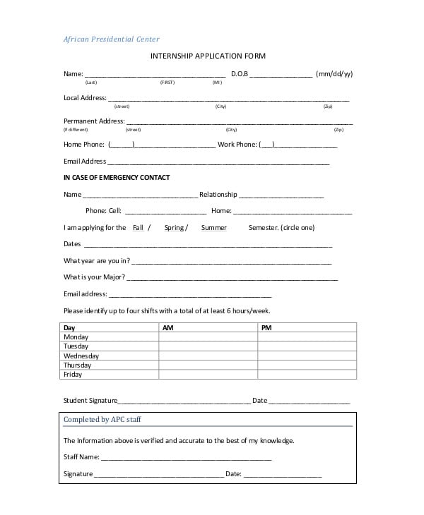 9  Internship Application Form Templates PDF DOC