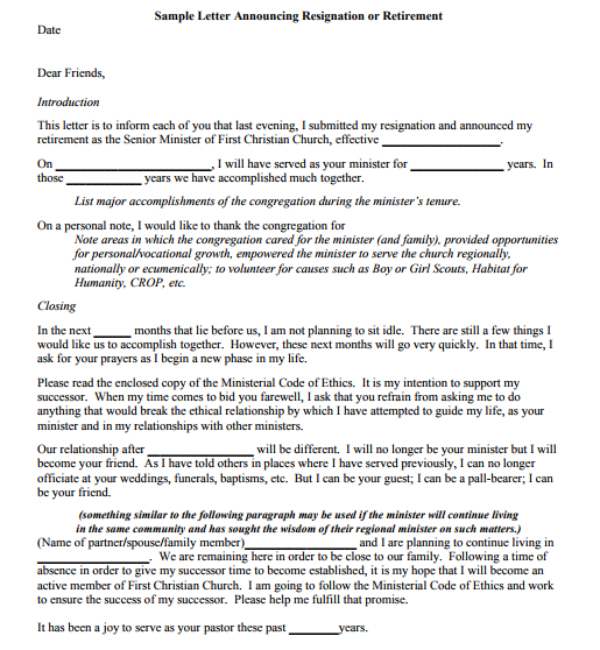 sample letter announcing resignation