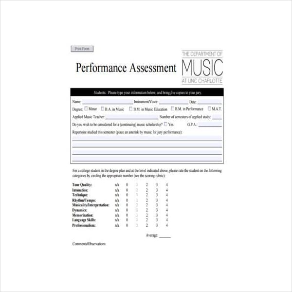 sample performance assessment form
