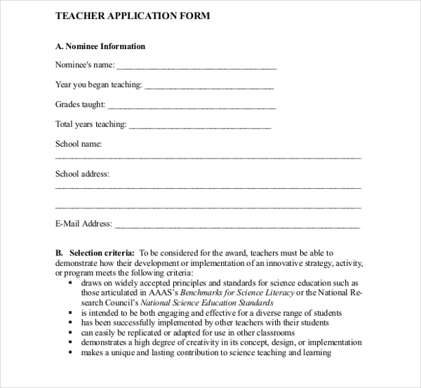 sample teacher application form
