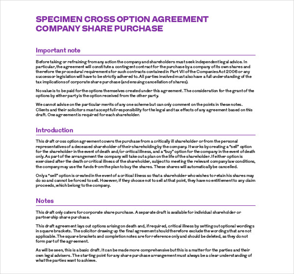 specimen cross option agreement