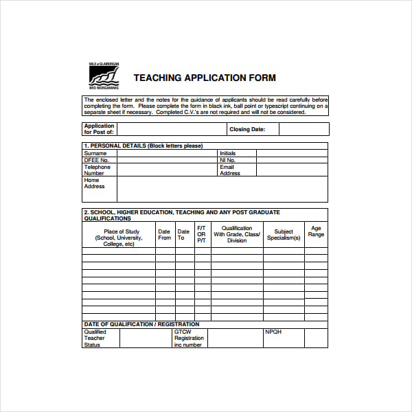 teaching application form sample