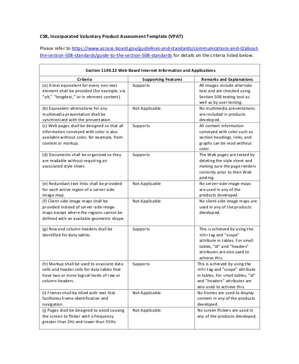 voluntary product assessment template
