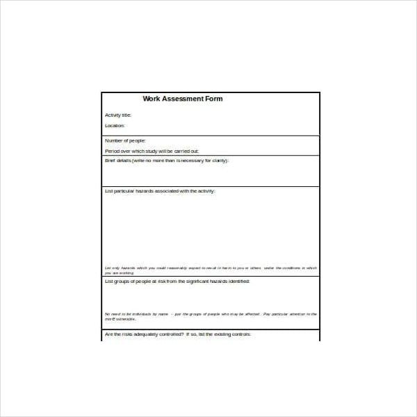 work assessment form in word format