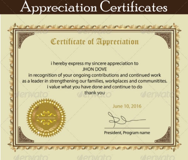 appreciation certificates