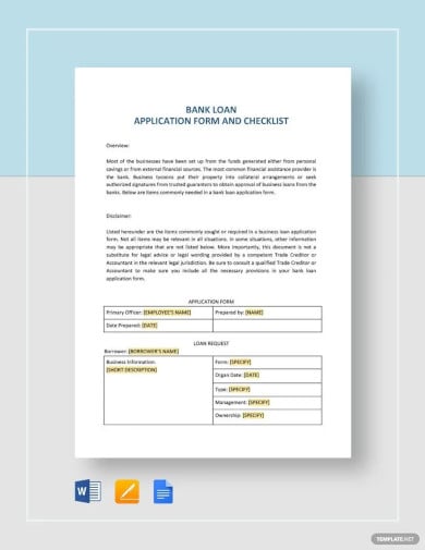 bank loan application form and checklist for restaurant template