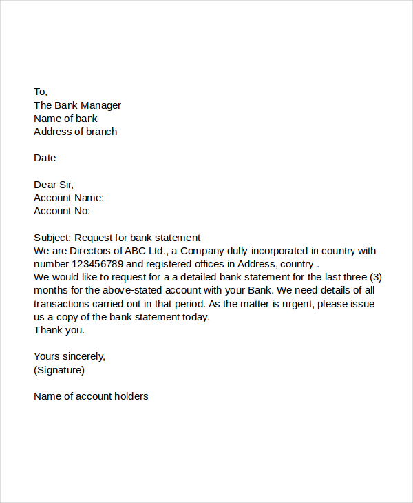 bank statement of account request letter