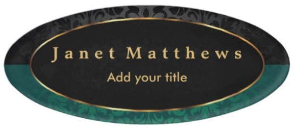 black and dark green damask with gold trim design name tag