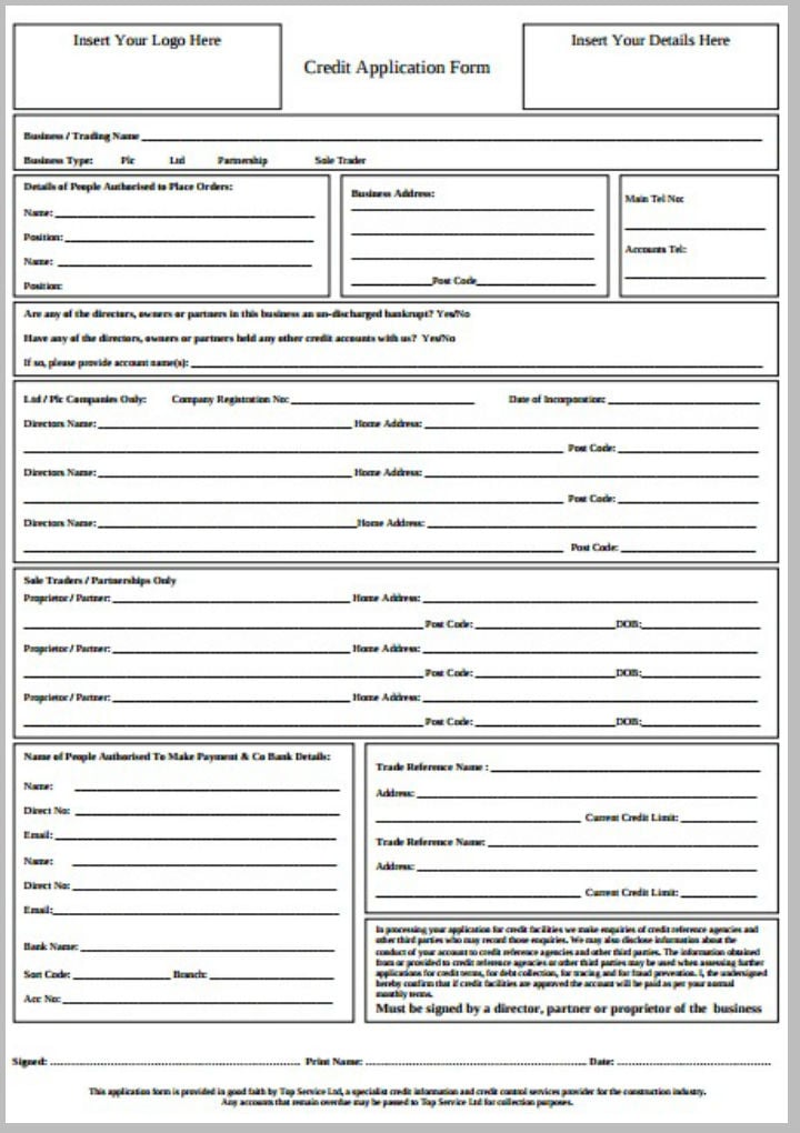 blank credit application form template