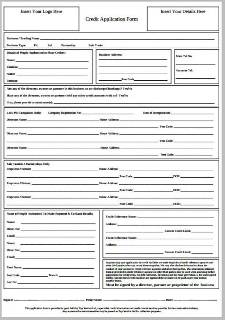 Printable Credit Application Form