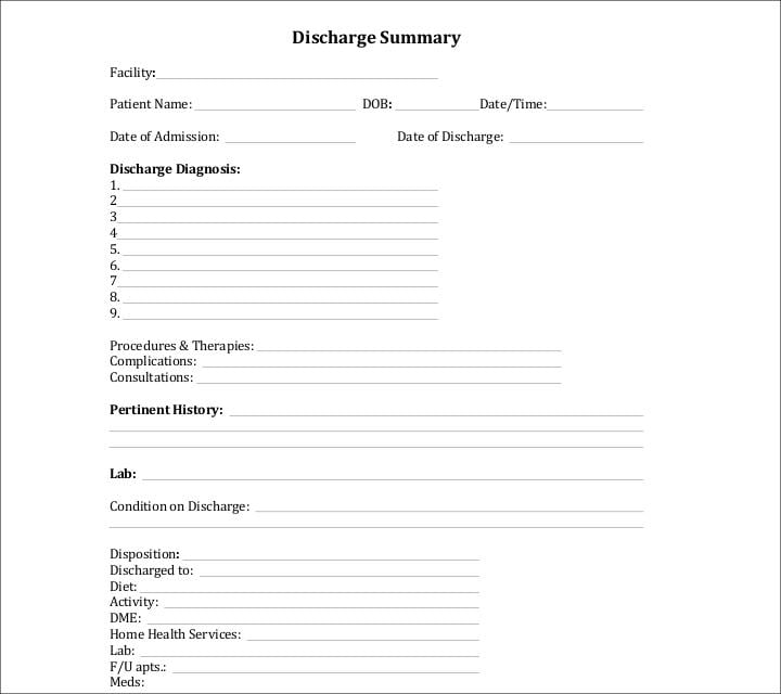 blank discharge sample summary template