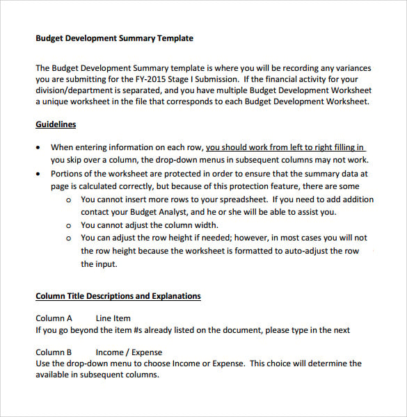 budget development sample summary template