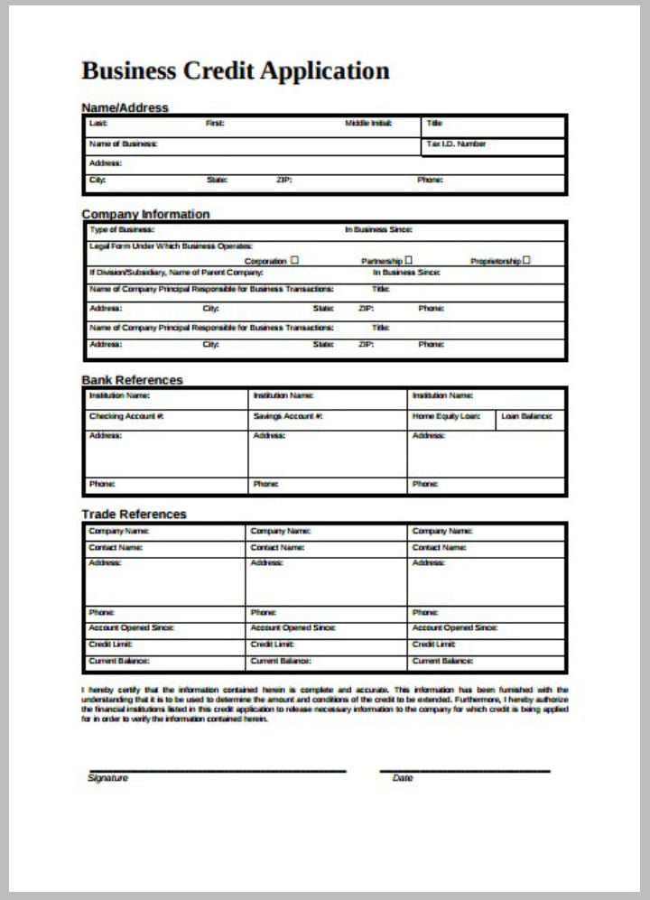 business credit application form template