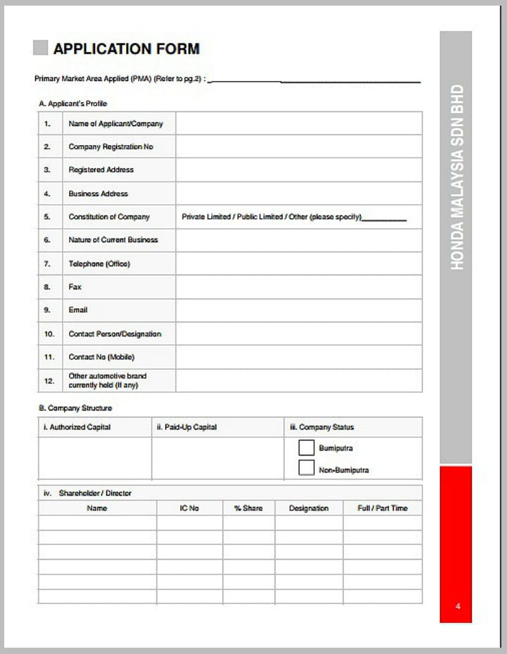 car dealership application form template