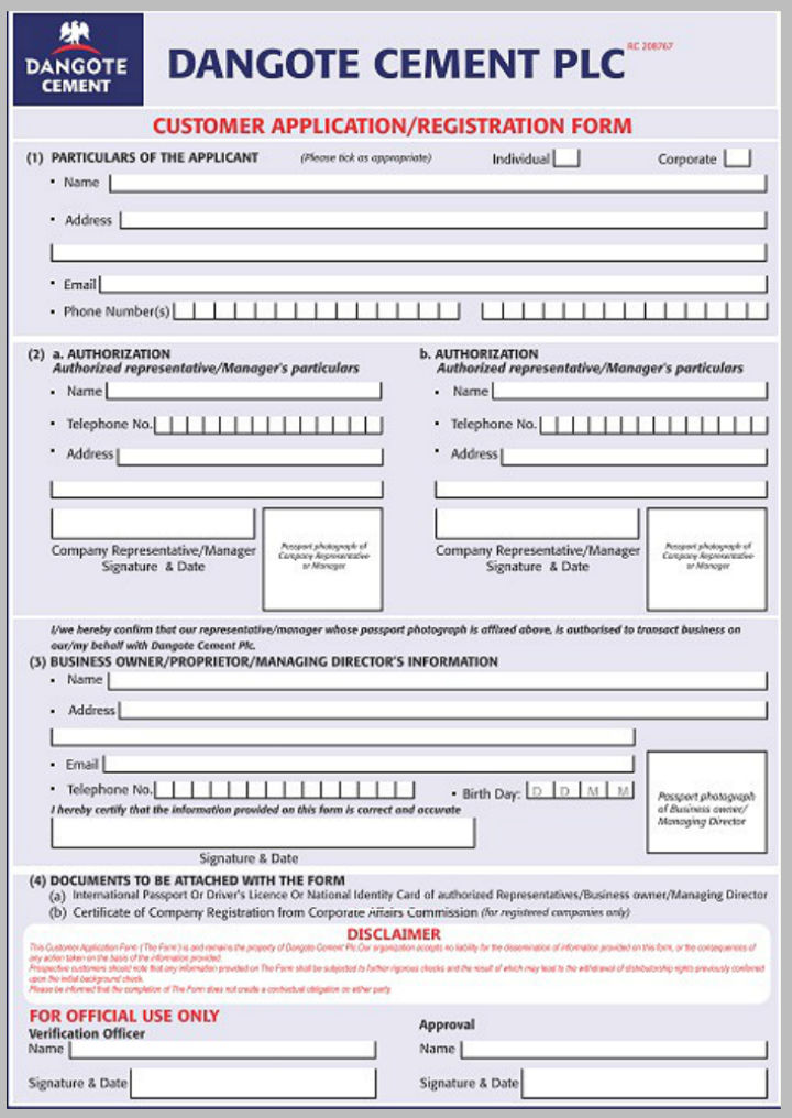 cement products distributor application form template