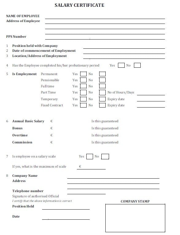 checklist salary certificate template