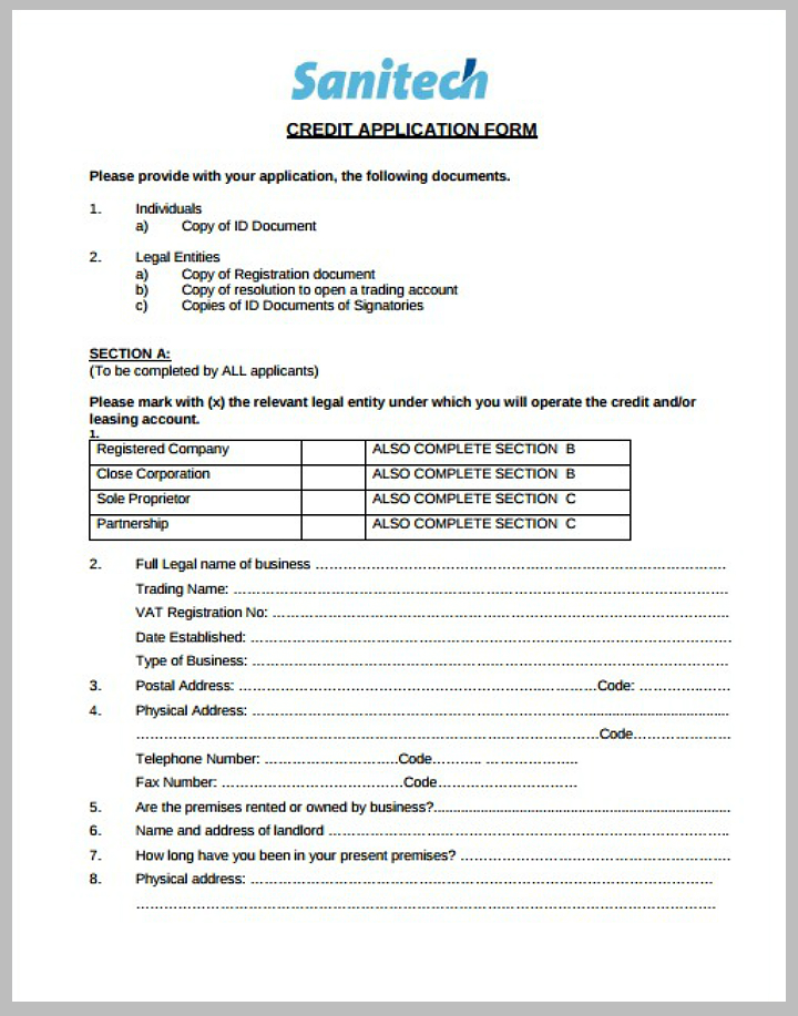 clean credit application form template