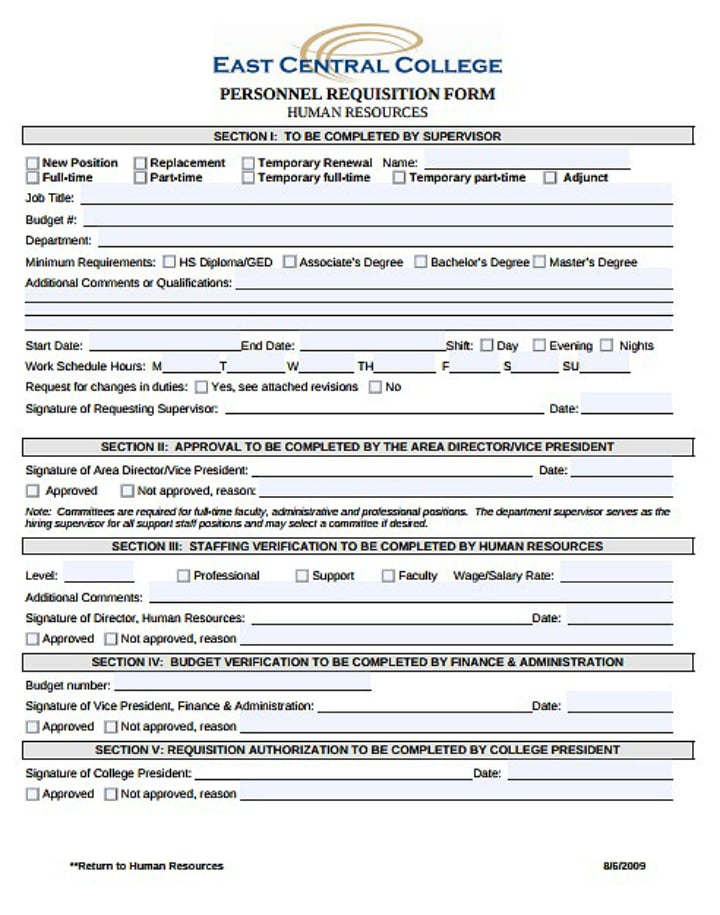 college personnel requisition form template