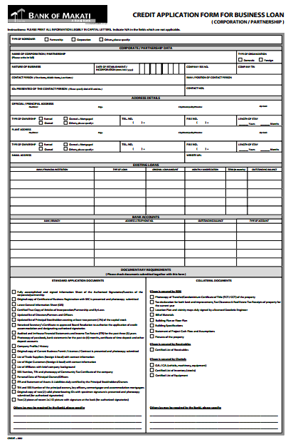 credit application form for business loan