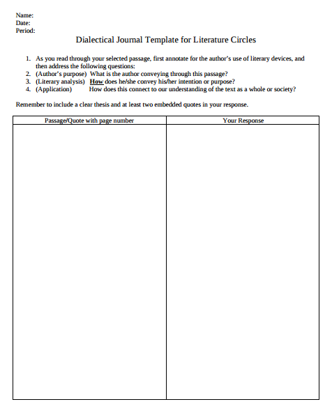 dialectical journal template for literature circles