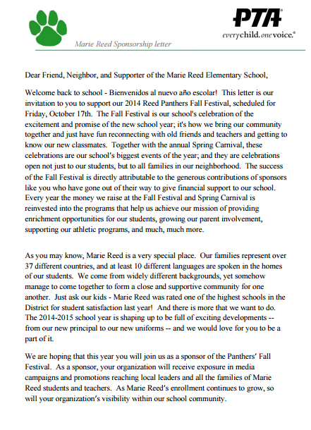 elementary school sponsorship letter